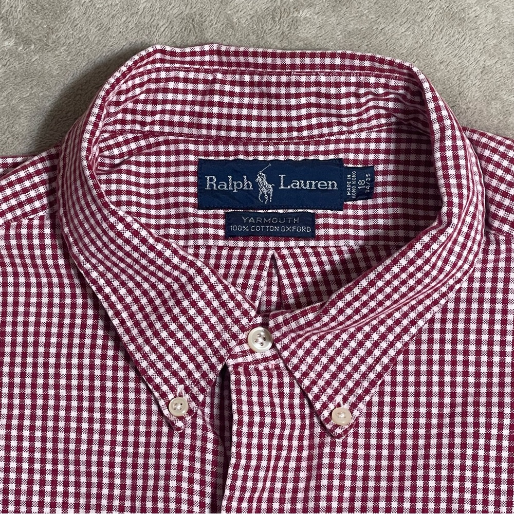 RALPH LAUREN Red Plaid Yarmouth Long Sleeve Button Oxford 18 36/37 Men's Shirt